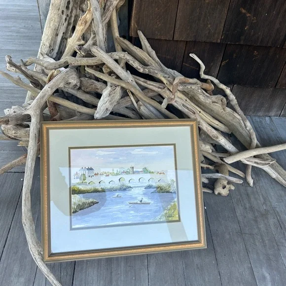 Framed Watercolor Painting fo a European Town, Rowboats by the Bridge - Picture 4 of 8